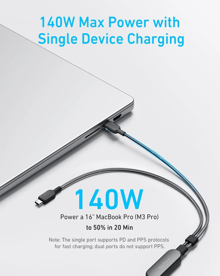 كابل أنكر 2 في 1 – USB-C إلى USB-C بقدرة 140 واط – بطول 1.2 متر – أسود - Newtech Store