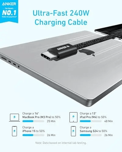 كابل أنكر Zolo USB-C إلى USB-C مضفّر – قدرة 240 واط – بطول 0.9 متر – أسود - Newtech Store