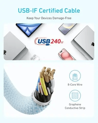 كابل أنكر Zolo USB-C إلى USB-C مضفّر – قدرة 240 واط – بطول 0.9 متر – أسود - Newtech Store