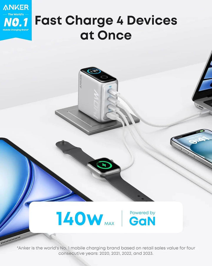 شاحن أنكر 140 واط – 4 منافذ (PD 3.1) مع كابل USB-C – فضي - Newtech Store