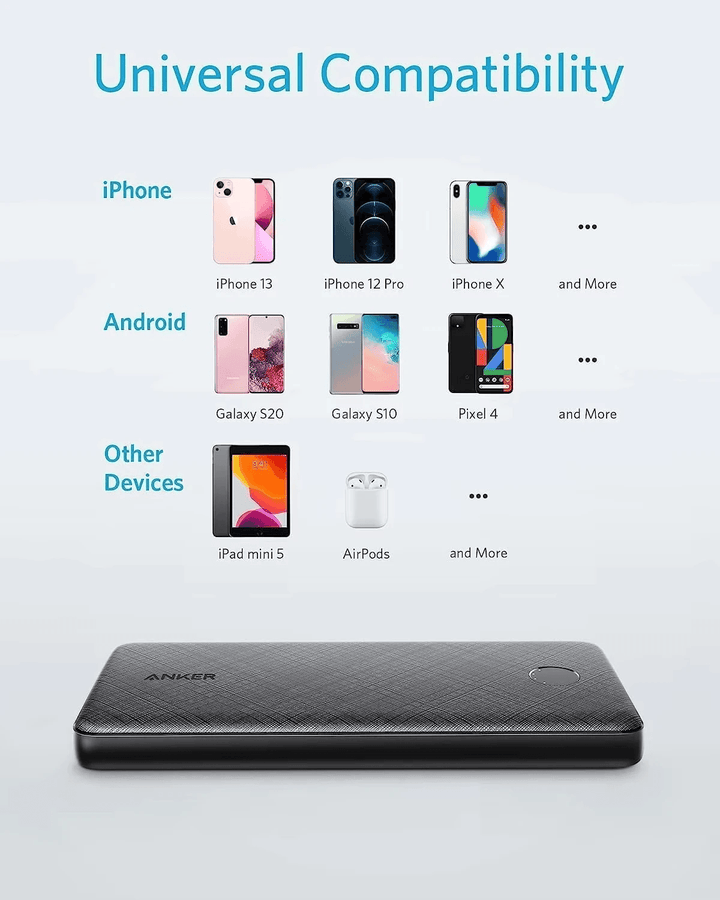 باور بانك أنكر PowerCore Slim – سعة 10,000mAh – تصميم نحيف وأنيق – أسود - Newtech Store
