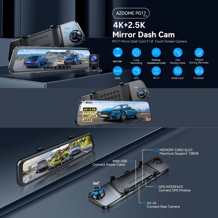 Azdome 4K+2.5K DashCam Mirror PG17MAX - بي جي 17 ماكس منظرة الداش كام Newtech Store