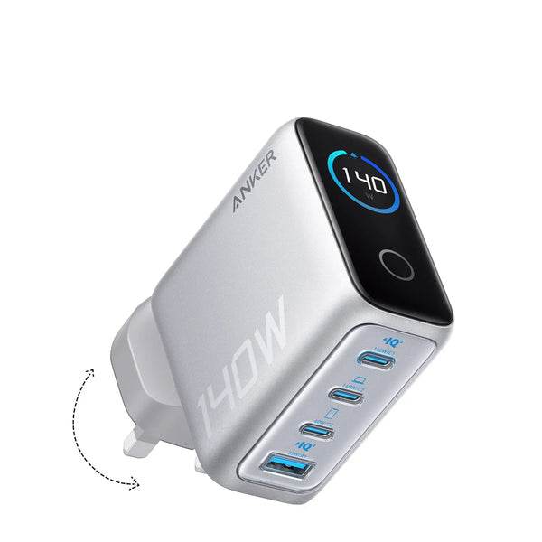 شاحن أنكر 140 واط – 4 منافذ (PD 3.1) مع كابل USB-C – فضي - Newtech Store