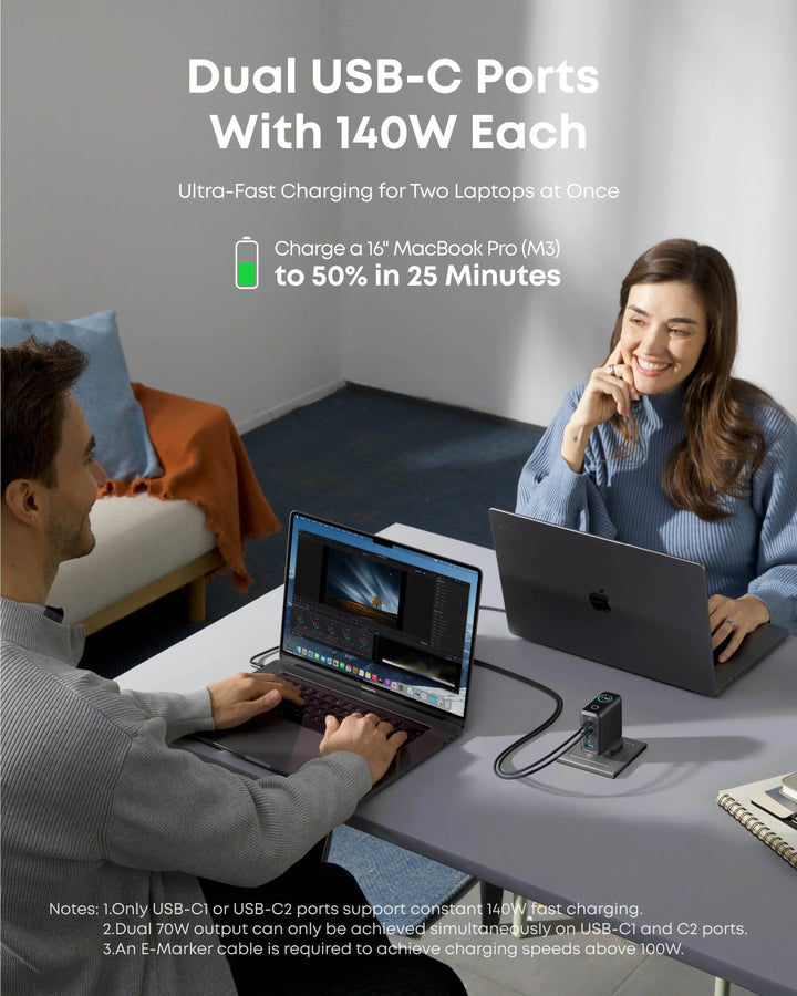 شاحن أنكر 140 واط – 4 منافذ (PD 3.1) مع كابل USB-C – فضي - Newtech Store