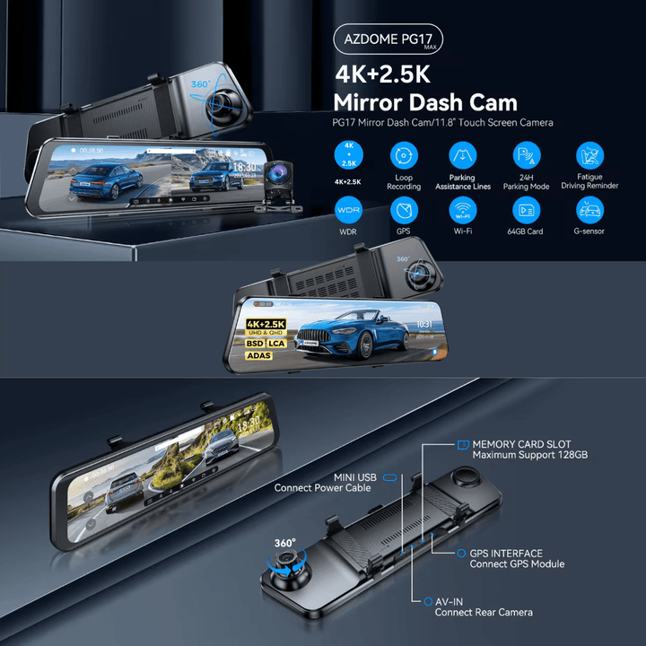 Azdome 4K+2.5K DashCam Mirror PG17MAX - بي جي 17 ماكس منظرة الداش كام - Newtech Store