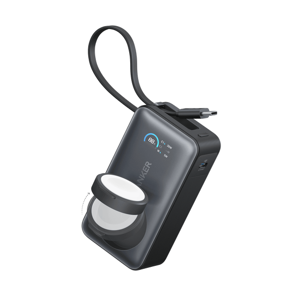 باور بانك أنكر MagGo – سعة 10,000mAh مع شحن Apple Watch وكابل USB - C مدمج – أسود - Newtech Store