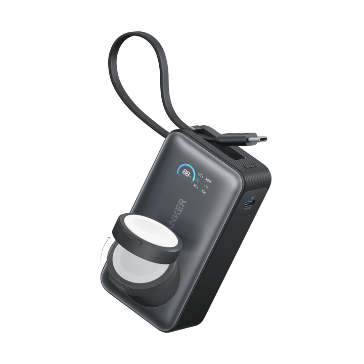 باور بانك أنكر MagGo – سعة 10,000mAh مع شحن Apple Watch وكابل USB - C مدمج – أسود - Newtech Store