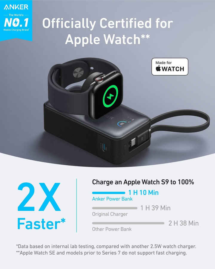 باور بانك أنكر MagGo – سعة 10,000mAh مع شحن Apple Watch وكابل USB - C مدمج – أسود - Newtech Store