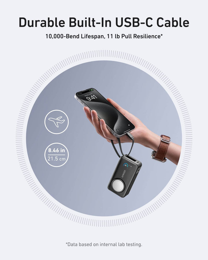 باور بانك أنكر MagGo – سعة 10,000mAh مع شحن Apple Watch وكابل USB - C مدمج – أسود - Newtech Store