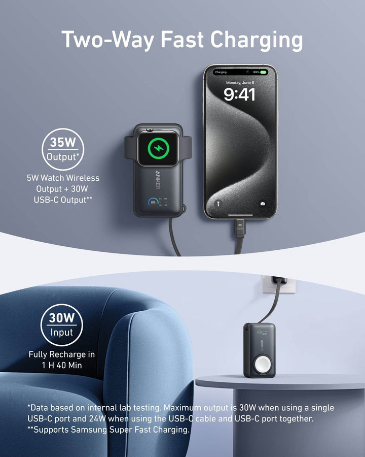 باور بانك أنكر MagGo – سعة 10,000mAh مع شحن Apple Watch وكابل USB - C مدمج – أسود - Newtech Store