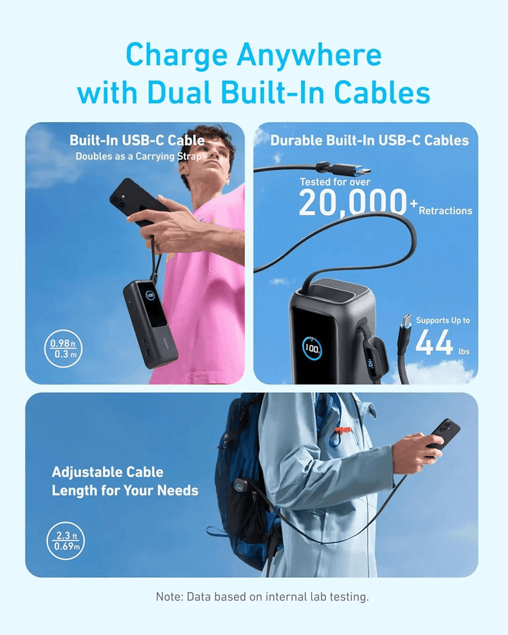 باور بانك أنكر – سعة 25,000mAh، قدرة شحن 165 واط – بكوابل مدمجة وقابلة للسحب – أسود - Newtech Store