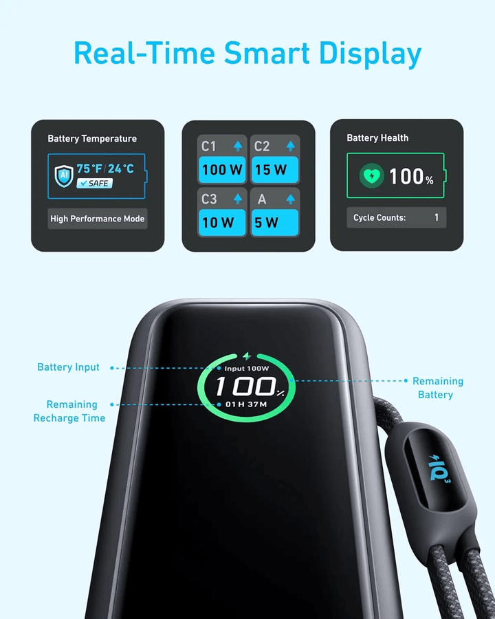 باور بانك أنكر – سعة 25,000mAh، قدرة شحن 165 واط – بكوابل مدمجة وقابلة للسحب – أسود - Newtech Store