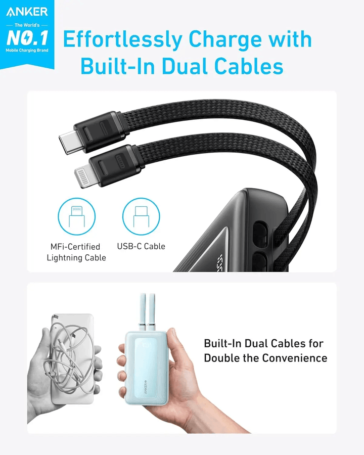 باور بانك أنكر زولو – سعة 20 ألف مللي أمبير مع كابل مدمج وشحن سريع 30 واط - Newtech Store