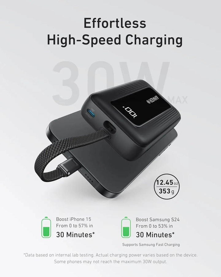 باور بانك Zolo من أنكر – سعة 10,000mAh مع كابل USB - C مدمج – شحن سريع 30 واط – أسود - Newtech Store