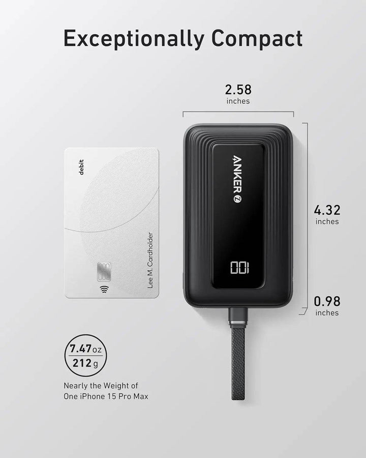 باور بانك Zolo من أنكر – سعة 10,000mAh مع كابل USB - C مدمج – شحن سريع 30 واط – أسود - Newtech Store