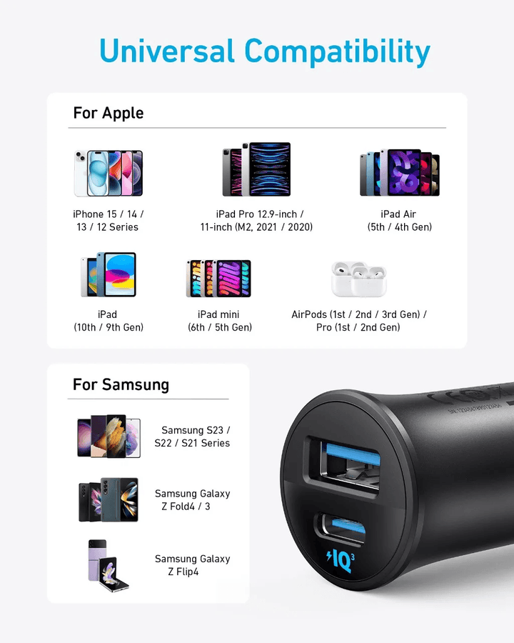 شاحن السيارة أنكر – 30 واط بمنفذ USB - C وUSB - A للشحن السريع – أسود - Newtech Store