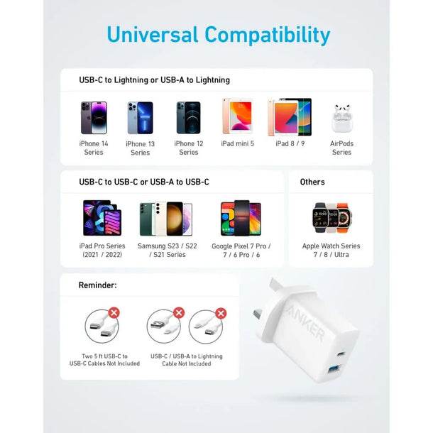 شاحن أنكر Select – 20 واط بمنفذين (USB - C + USB - A) – أبيض - Newtech Store