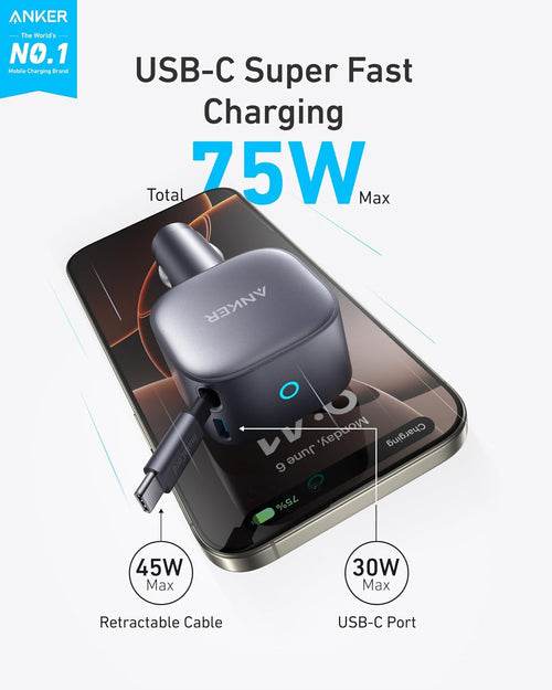 شاحن سيارة أنكر Nano – قدرة 75 واط، بمنفذ USB - C وكابل USB - C قابل للسحب – فضي - Newtech Store