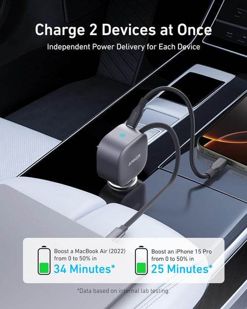شاحن سيارة أنكر Nano – قدرة 75 واط، بمنفذ USB - C وكابل USB - C قابل للسحب – فضي - Newtech Store